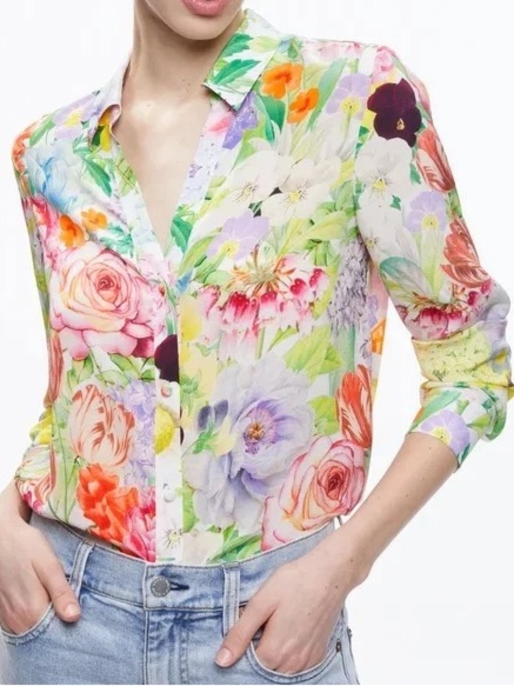 Alice + Olivia Eloise 100% silk Multicolor Floral Button-Down Blouse small flaw